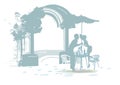 Silhouette of a romantic couple in the park near a street cafe, gazebo with arches.